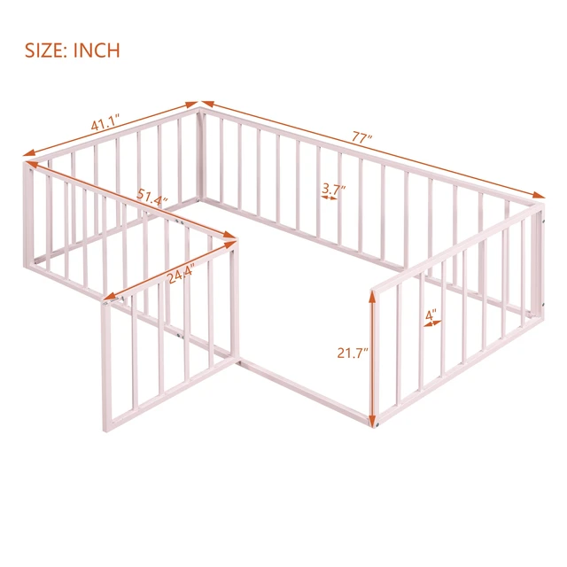 Alt view image 7 of 7 - Twin Size Metal Floor Bed Frame with Fence and Door, Pink