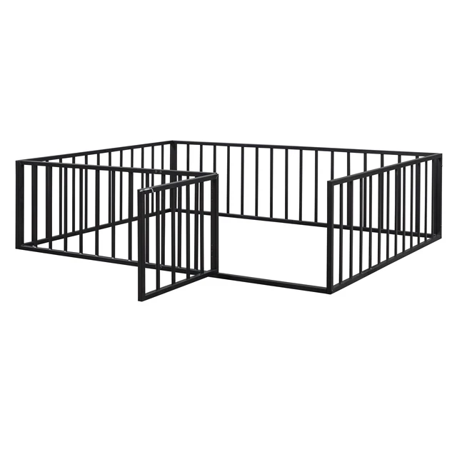 Alt view image 5 of 7 - Queen Size Metal Floor Bed Frame with Fence and Door, Black