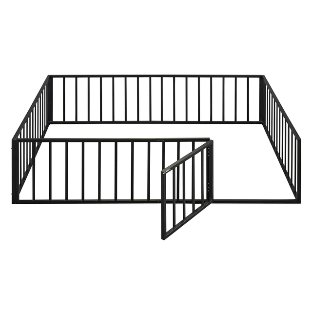 Alt view image 4 of 7 - Queen Size Metal Floor Bed Frame with Fence and Door, Black