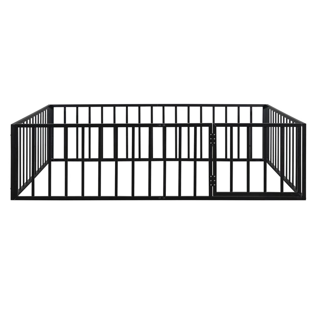 Alt view image 7 of 7 - Queen Size Metal Floor Bed Frame with Fence and Door, Black