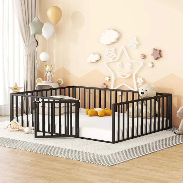Alt view image 2 of 7 - Queen Size Metal Floor Bed Frame with Fence and Door, Black
