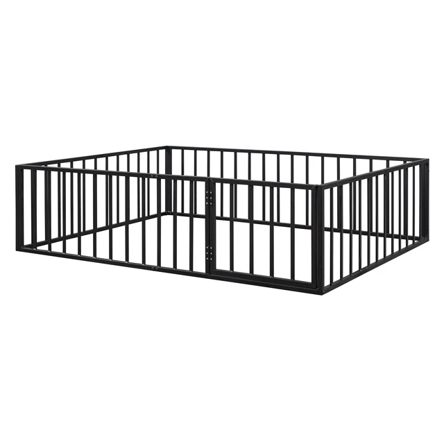 Alt view image 6 of 7 - Queen Size Metal Floor Bed Frame with Fence and Door, Black