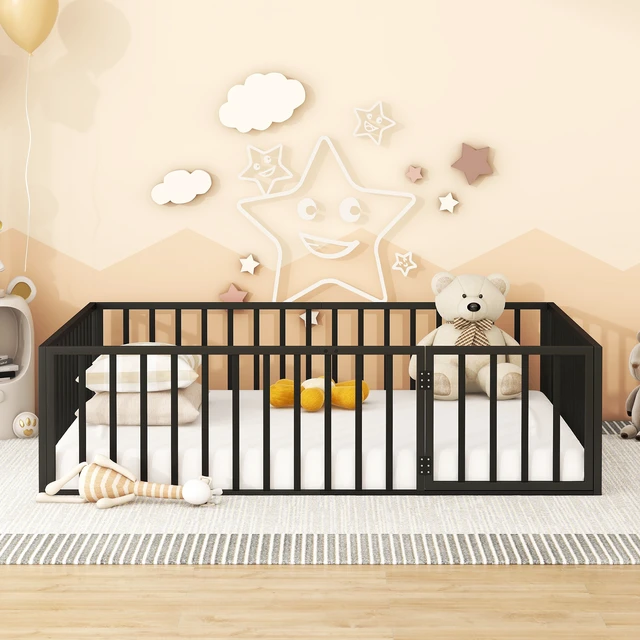 Alt view image 3 of 7 - Queen Size Metal Floor Bed Frame with Fence and Door, Black