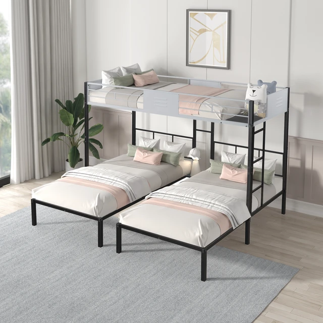 Alt view image 2 of 7 - Triple Bunk Bed with Vent Board/ Sturdy Metal Frame/ Noise-Free Wood Slats/ Separatable into three beds/ No Box Spring Needed