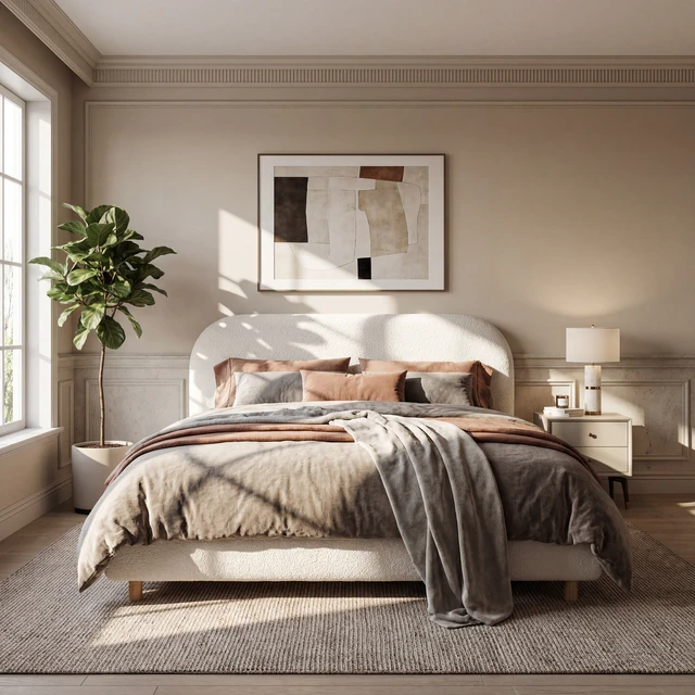 Alt view image 2 of 7 - Queen Size Upholstered Bed With Boucle Fabric,Curved-Shape Design Thick Headboard, Solid Wood Legs,White