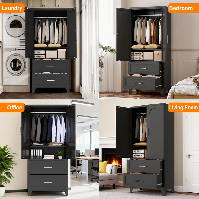 Alt view image 2 of 7 - 71" Tall Metal Wardrobe Cabinet with 2 Drawers and Hanging Rod, 2 Doors Wardrobe Closet with Shelf for Bedroom, Office, Laundry Room,Entryway ,Foyer,Guesthouse (Black)