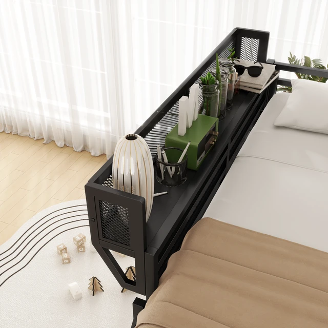 Alt view image 4 of 6 - Queen Size Loft Bed with Ladder, Metal Queen Loft Bed with Storage Shelves, High Loft Bed for Kids Teens, Black