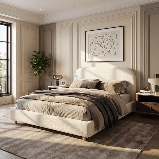 Alt view image 3 of 7 - Queen Size Upholstered Bed With Boucle Fabric,Curved-Shape Design Thick Headboard, Solid Wood Legs,White