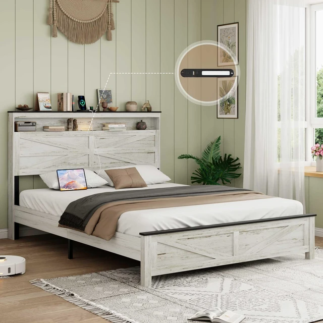 Main image of Queen size bed frame headboard with LED lights and charging station cushion platform bed frame, large bed, with headboard and hidden storage space, no box spring required, Antique White+Gray