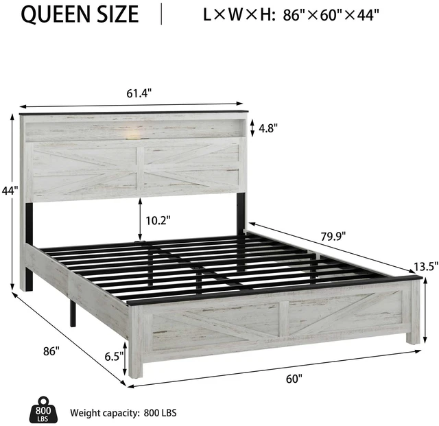 Alt view image 2 of 6 - Queen size bed frame headboard with LED lights and charging station cushion platform bed frame, large bed, with headboard and hidden storage space, no box spring required, Antique White+Gray