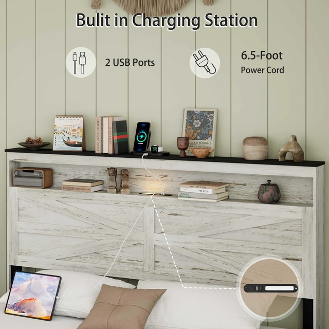 Alt view image 4 of 6 - Queen size bed frame headboard with LED lights and charging station cushion platform bed frame, large bed, with headboard and hidden storage space, no box spring required, Antique White+Gray