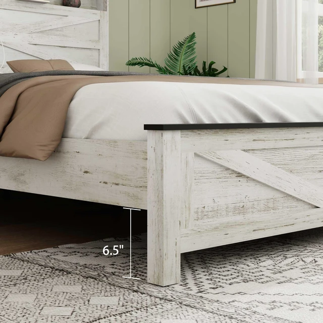 Alt view image 5 of 6 - Queen size bed frame headboard with LED lights and charging station cushion platform bed frame, large bed, with headboard and hidden storage space, no box spring required, Antique White+Gray