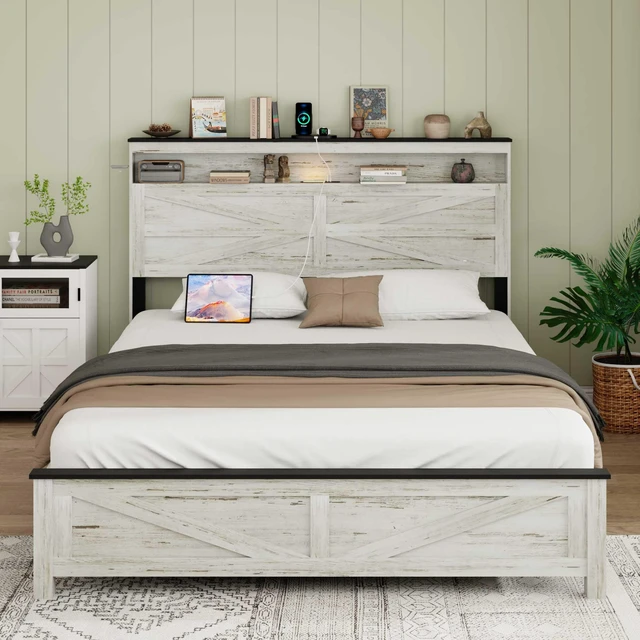 Alt view image 6 of 6 - Queen size bed frame headboard with LED lights and charging station cushion platform bed frame, large bed, with headboard and hidden storage space, no box spring required, Antique White+Gray
