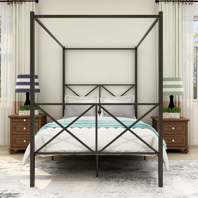 Alt view image 7 of 7 - Metal Canopy Bed Frame, Platform Bed Frame with X Shaped Frame Full Black