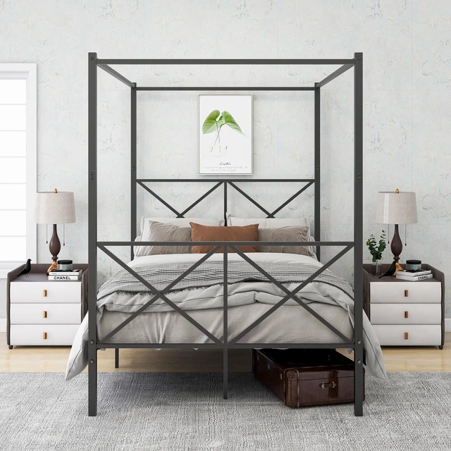 Main image of Metal Canopy Bed Frame, Platform Bed Frame with X Shaped Frame Full Black