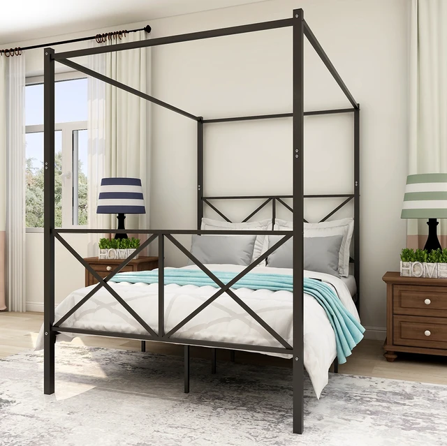 Alt view image 6 of 7 - Metal Canopy Bed Frame, Platform Bed Frame with X Shaped Frame Full Black
