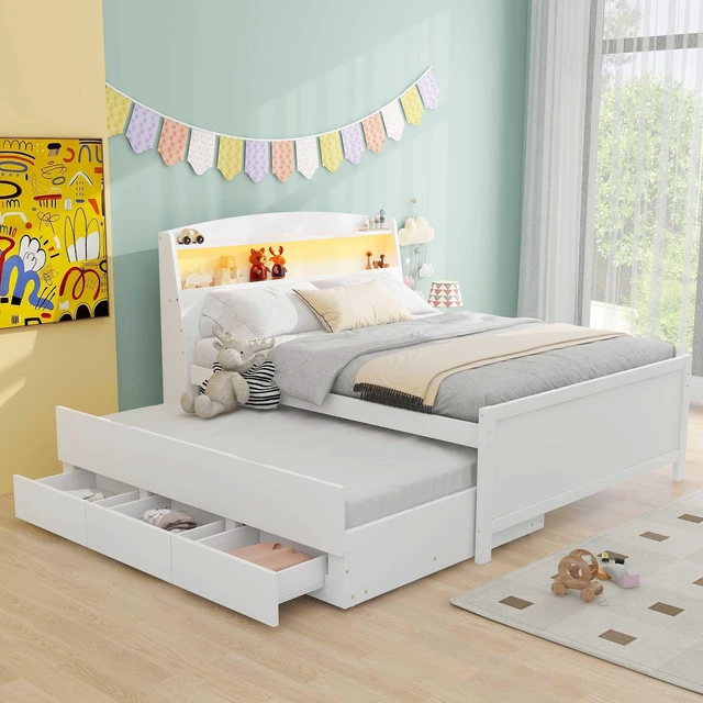 Main image of Full Size Platform Bed with Storage LED Headboard, Twin Size Trundle and 3 Drawers, White