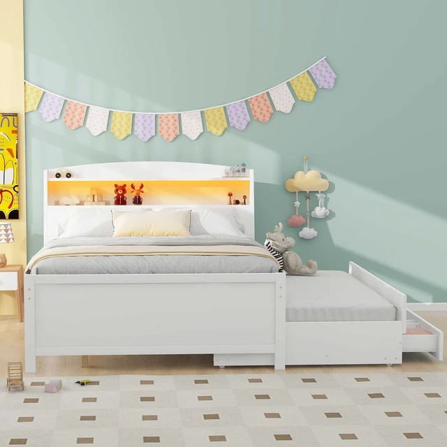 Alt view image 3 of 7 - Full Size Platform Bed with Storage LED Headboard, Twin Size Trundle and 3 Drawers, White