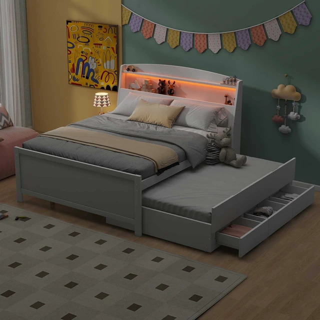 Alt view image 2 of 7 - Full Size Platform Bed with Storage LED Headboard, Twin Size Trundle and 3 Drawers, White