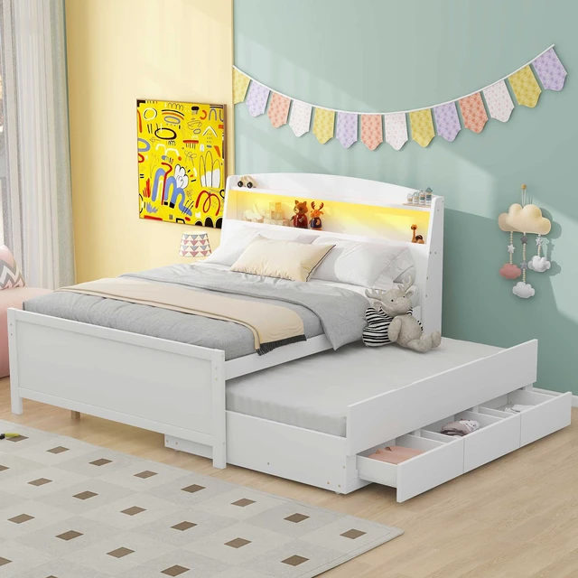 Alt view image 4 of 7 - Full Size Platform Bed with Storage LED Headboard, Twin Size Trundle and 3 Drawers, White