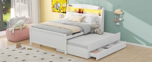Alt view image 6 of 7 - Full Size Platform Bed with Storage LED Headboard, Twin Size Trundle and 3 Drawers, White