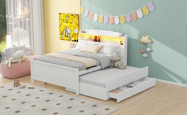 Alt view image 5 of 7 - Full Size Platform Bed with Storage LED Headboard, Twin Size Trundle and 3 Drawers, White