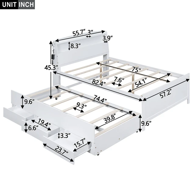 Alt view image 7 of 7 - Full Size Platform Bed with Storage LED Headboard, Twin Size Trundle and 3 Drawers, White