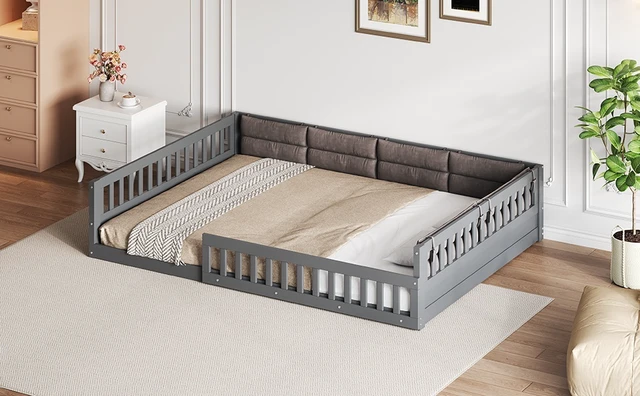 Alt view image 6 of 7 - Wood Full Size Upholstered Platform Bed with Guardrail and Pillow, Gray