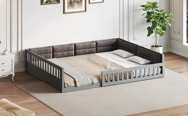 Alt view image 4 of 7 - Wood Full Size Upholstered Platform Bed with Guardrail and Pillow, Gray