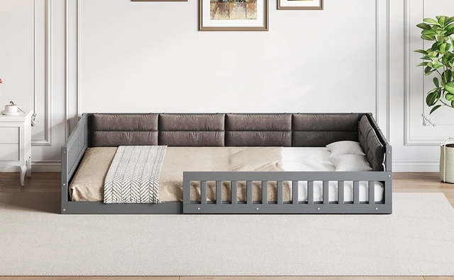 Alt view image 5 of 7 - Wood Full Size Upholstered Platform Bed with Guardrail and Pillow, Gray