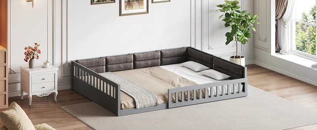 Alt view image 7 of 7 - Wood Full Size Upholstered Platform Bed with Guardrail and Pillow, Gray