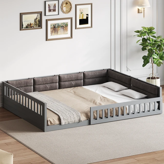 Alt view image 2 of 7 - Wood Full Size Upholstered Platform Bed with Guardrail and Pillow, Gray