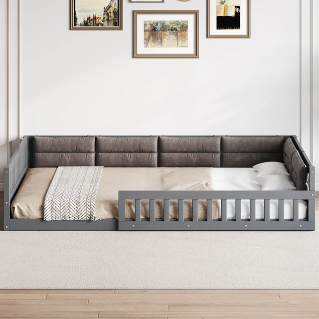 Alt view image 3 of 7 - Wood Full Size Upholstered Platform Bed with Guardrail and Pillow, Gray