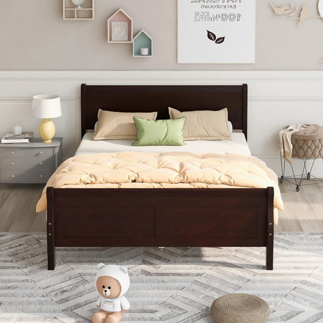 Alt view image 2 of 7 - Queen Size Wood Platform Bed with Headboard and Wooden Slat Support (Espresso)