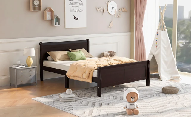 Alt view image 3 of 7 - Queen Size Wood Platform Bed with Headboard and Wooden Slat Support (Espresso)
