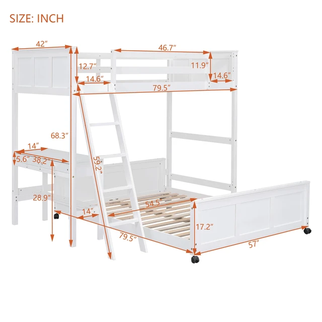 Alt view image 7 of 7 - Twin Over Full Bunk Bed with Desk, White