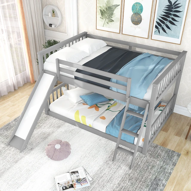 Alt view image 2 of 7 - Full over Full Bunk Bed with Convertible Slide and Ladder, Gray
