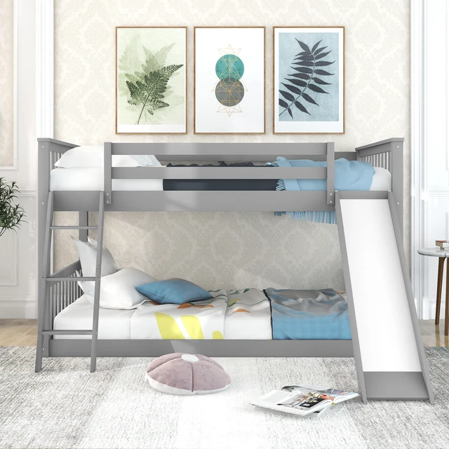 Alt view image 3 of 7 - Full over Full Bunk Bed with Convertible Slide and Ladder, Gray