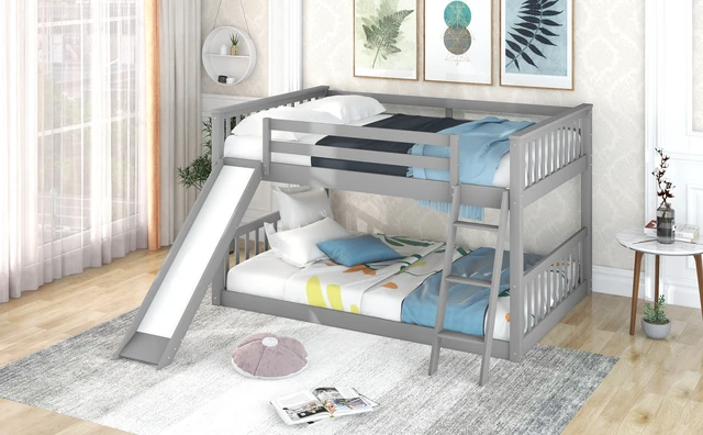 Alt view image 6 of 7 - Full over Full Bunk Bed with Convertible Slide and Ladder, Gray