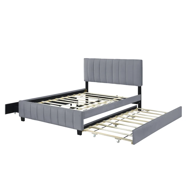 Alt view image 4 of 7 - Queen Size Velvet Upholstered Platform Bed with 2 Drawers and 1 Twin XL Trundle- Gray