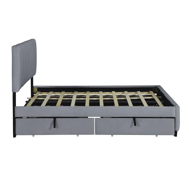 Alt view image 5 of 7 - Queen Size Velvet Upholstered Platform Bed with 2 Drawers and 1 Twin XL Trundle- Gray