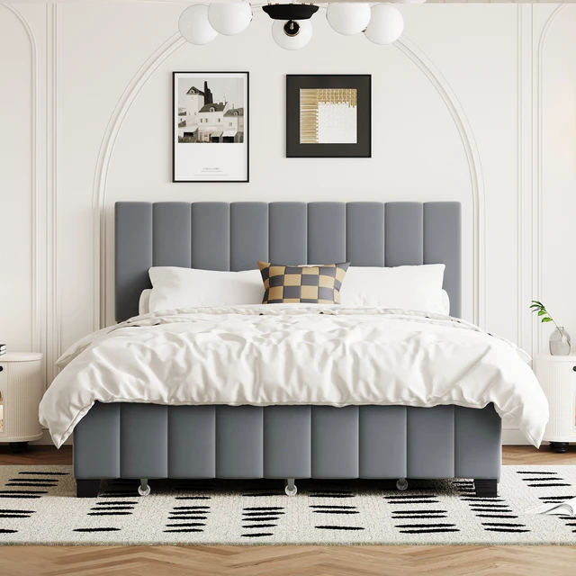Alt view image 2 of 7 - Queen Size Velvet Upholstered Platform Bed with 2 Drawers and 1 Twin XL Trundle- Gray