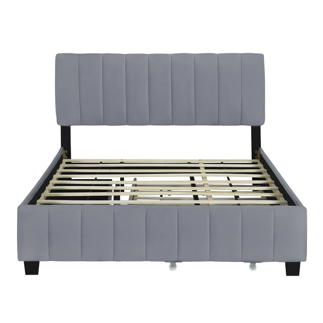 Alt view image 3 of 7 - Queen Size Velvet Upholstered Platform Bed with 2 Drawers and 1 Twin XL Trundle- Gray