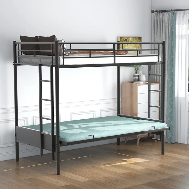 Alt view image 3 of 7 - Twin over Full Metal Bunk Bed, Multi-Function,Black