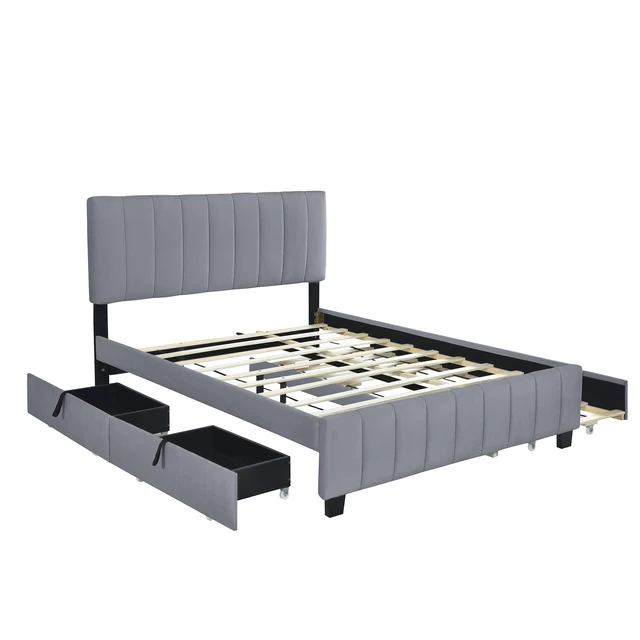 Alt view image 7 of 7 - Queen Size Velvet Upholstered Platform Bed with 2 Drawers and 1 Twin XL Trundle- Gray