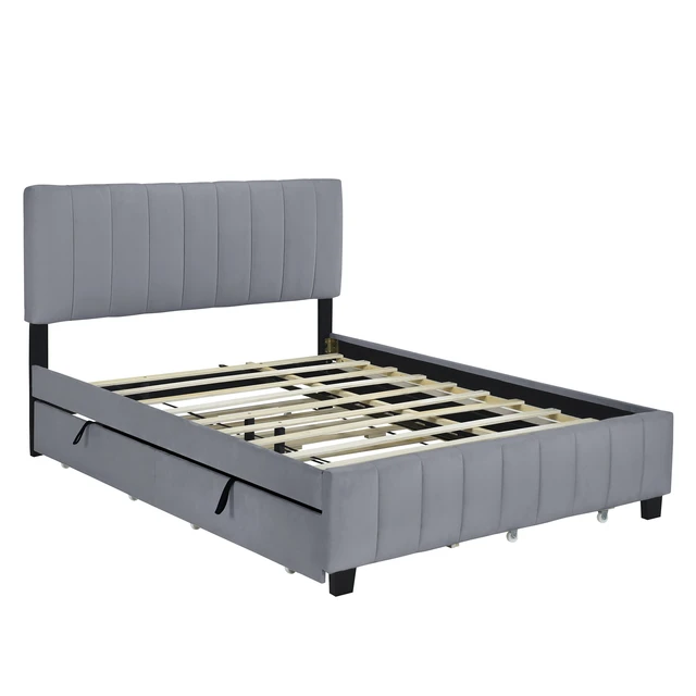 Alt view image 6 of 7 - Queen Size Velvet Upholstered Platform Bed with 2 Drawers and 1 Twin XL Trundle- Gray