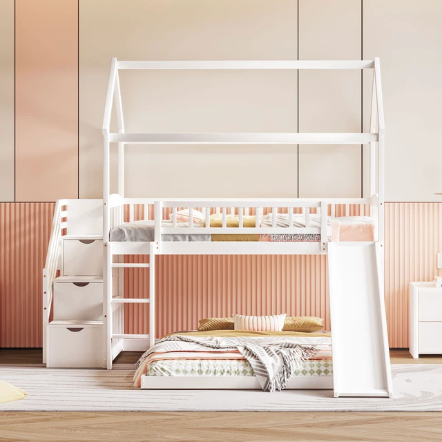 Alt view image 2 of 7 - Twin Over Full Bunk Bed with Slide, House Bed with Slide, White