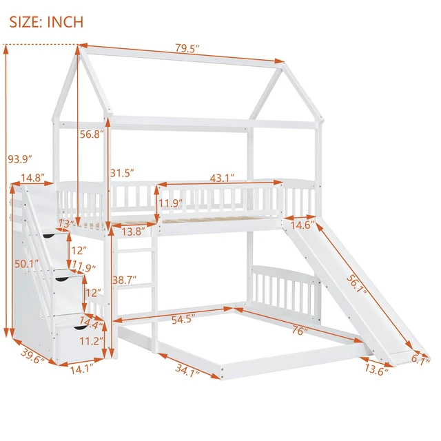 Alt view image 3 of 7 - Twin Over Full Bunk Bed with Slide, House Bed with Slide, White