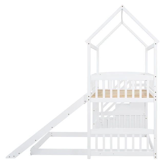 Alt view image 5 of 7 - Twin Over Full Bunk Bed with Slide, House Bed with Slide, White