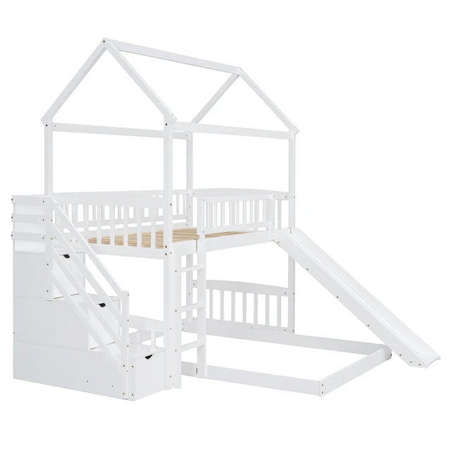 Alt view image 6 of 7 - Twin Over Full Bunk Bed with Slide, House Bed with Slide, White